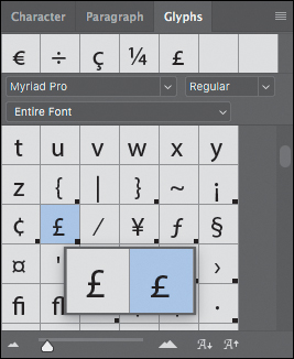A screenshot shows a Glyphs panel with the pound symbol selected.