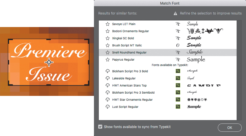 Two screenshots show an image containing a text and a Match Font window.