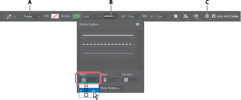 A screenshot shows the options bar of the Pen tool.