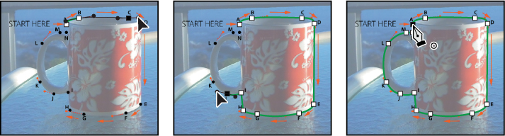 A set of three screenshots show the remaining steps involved in drawing a path around a photo of the coffee cup.