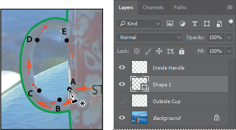 Two screenshots show how to trace a path along the inner edge of the coffee cup handle in the photo.