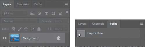 Two screenshots show portions of the Layers panel and the Paths panel. The Layers panel displays one layer named Background and the Paths panel displays one path named Cup Outline.