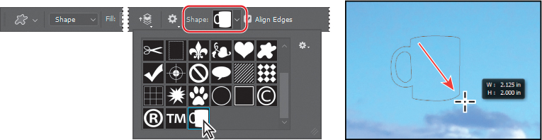 A set of three screenshots show how to use the Coffee Cup custom shape as a logo.