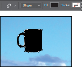 Two screenshots show how to change the fill color of the Coffee Cup custom shape to solid black.