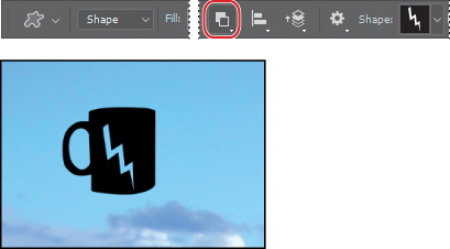 A set of three screenshots show how to subtract a lightning bolt shape from the coffee cup shape.