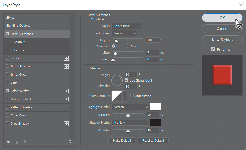 A screenshot of the Layer Style dialog box shows that the Bevel & Emboss and Color Overlay options are selected. The Preview window in the dialog box displays a red square.