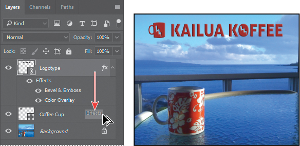 Two screenshots show how to copy the Color Overlay and Bevel & Emboss layer styles of the Logotype layer to the Coffee Cup layer.