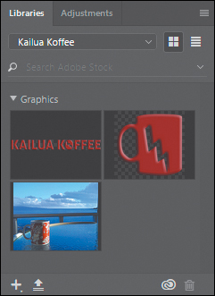 A screenshot of the Libraries panel menu shows the Graphics in the Kailua Koffee library. The screenshot displays the following three elements:  Kailua Koffee logotype  Coffee Cup logo  Background