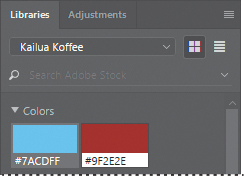 A screenshot of the Libraries panel menu shows the Colors in the Kailua Koffee library. The screenshot displays the following two color swatches:  Blue: #7ACDFF  Red: #9F2E2E