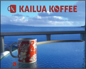 A screenshot shows the coffee shop sign for Kailua Koffee with an additional coffee cup logo at the bottom left corner of the photo.