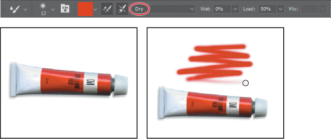 A set of three screenshots shows the effect of choosing Dry blending brush combination in the Mixer Brush tool.