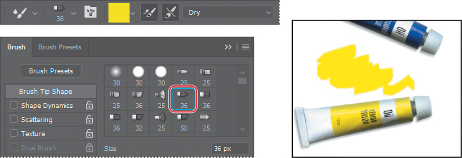 A set of three screenshots shows the effect of choosing flat-point brush in the Mixer Brush tool.