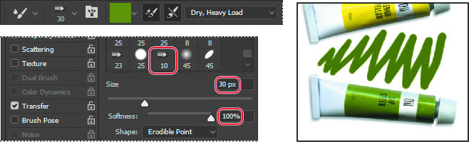 A set of three screenshots shows the effect of choosing an erodible brush tip in the Mixer Brush tool.