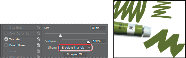 Two screenshots show the effect of choosing an Erodible Triangle brush in the Mixer Brush tool.