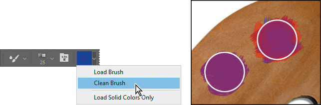 Two screenshots shows how to clean a brush.