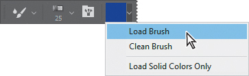 A screenshot shows a portion of the options bar of the Mixer Brush tool. The Current Brush Load pop-up menu, seen fourth from the left, lists the following:  Load Brush  Clean Brush  Load Solid Colors Only A mouse pointer is shown pointing to Load Brush.