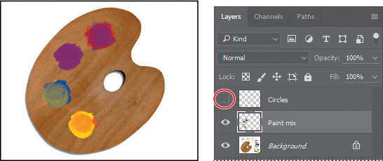 Two screenshots show how to hide circles in a palette.