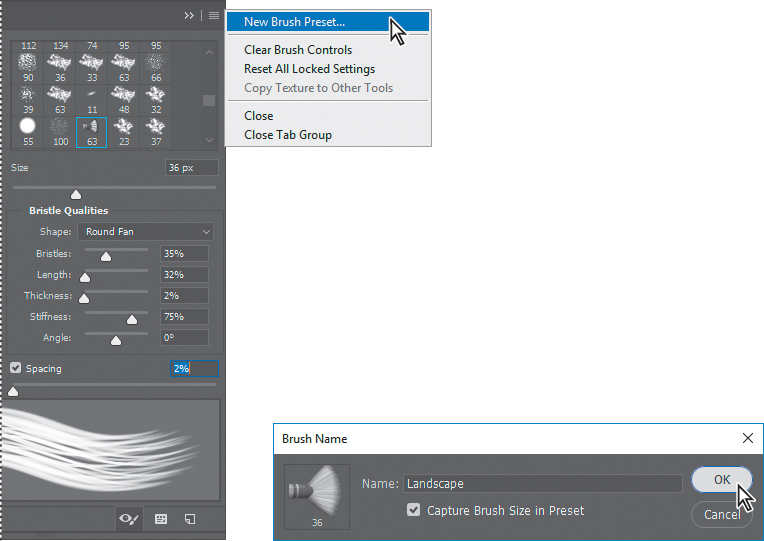 Two screenshots show how to create a custom brush preset.