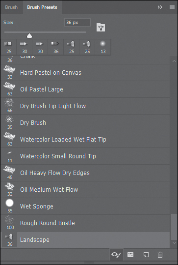 A screenshot shows the Brush Presets panel with the Landscape preset highlighted.