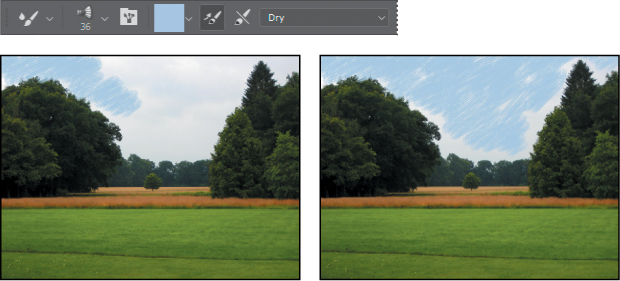 Two screenshots show how to add colors to a photograph of a landscape.