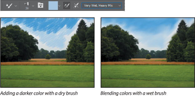 Two screenshots show how to blend a darker color to a lighter color with a wet brush.