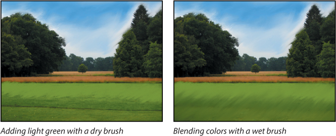 Two screenshots show how to blend light green color to an image of a landscape with a dry and wet brush.