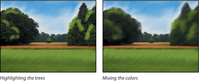 Two screenshots show how to blend light green color to the three large green trees and one small dark green tree found in an image of a landscape.