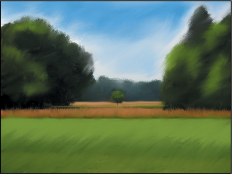 The screenshot shows the result of mixing a dark blue color to the background trees, a brown color to the grass, painted with up and down strokes.