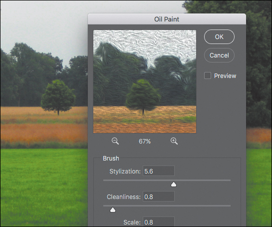 A screenshot shows a sample of the Oil Paint filter on Photoshop, by showing a photograph in the background with an overlay of an oil paint filter window on part of the photograph.