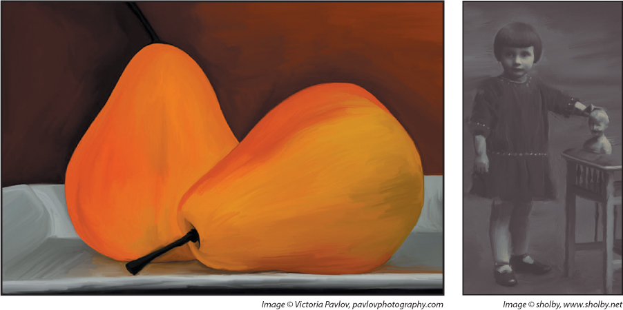 Two images present examples of art created with brush tips and tools on Photoshop.