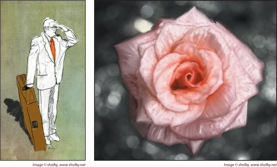 Two images present examples of art created with brush tips and tools on Photoshop.