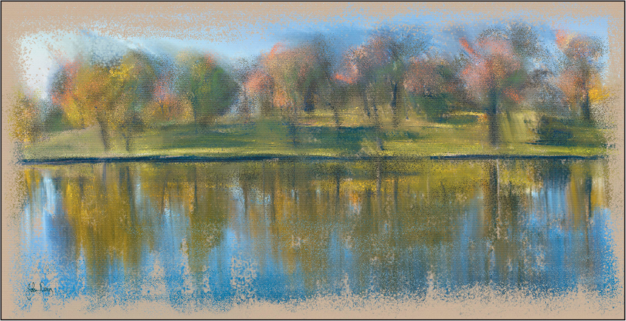 An image that shows trees next to a lake that has an oil painting filter applied on it.