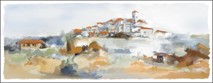 An image shows an oil painting of white and brown houses on a hill.