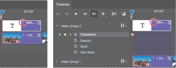 A screenshot shows the "Timeline panel" with the end point of the type layer being dragged. The stopwatch icon next to the Transform property is set an initial keyframe for the layer. The keyframe appears as a yellow diamond in the timeline.