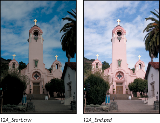 A set of two screenshots each showing a photo of a church. The photo in the second screen shot is brighter, sharper, and clearer.