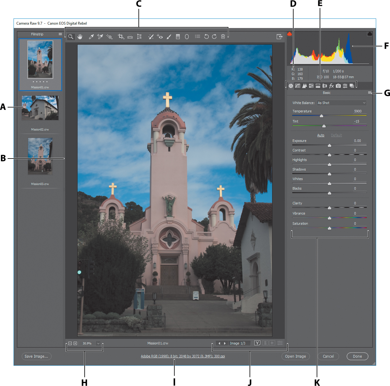 A screenshot a file opened in the "Bridge" with a photo of a church with following annotations: A. Filmstrip B. Filmstrip divider (drag to adjust) C. Toolbar D. RGB values E. Image adjustment tabs F. Histogram G. Camera Raw Settings menu H. Zoom levels I. Click to display workflow options J. Multi-image navigation controls K. Adjustment sliders