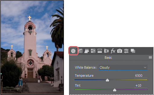 A screenshot shows a photo of a church and the "Cloudy" option from the "White Balance" menu highlighted.