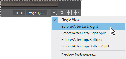 A screenshot shows the "Before/After Left/Right" option from the pop-up menu selected.