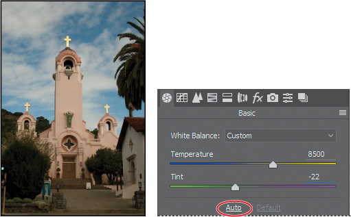 A screenshot shows a photo of a church and the "Auto" option highlighted.
