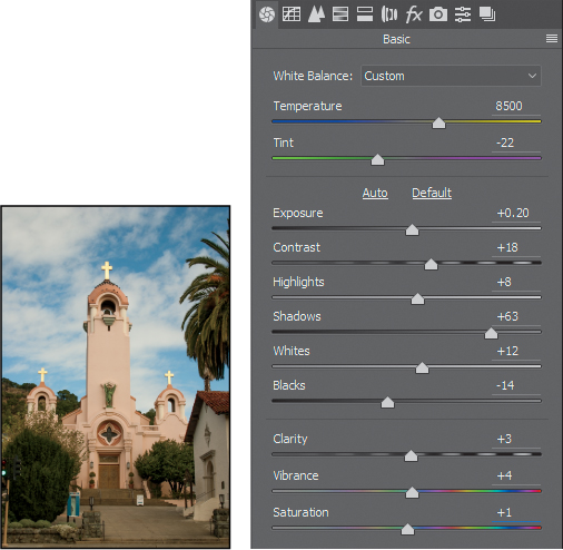 A screenshot shows photo of a church and the "Basic panel" with sliders of different options shown at various positions.