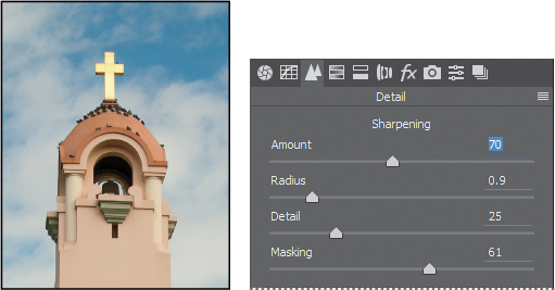A screenshot shows photo of a church and the "Detail panel" with sliders for various options as follows: ? Amount at 70 ? Radius at 0.9 ? Detail at 25 ? Masking at 61