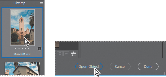 A screenshot shows a film strip selected and the "Camera Raw" dialog box with the "Open Object" button at the bottom of the dialog box being clicked.