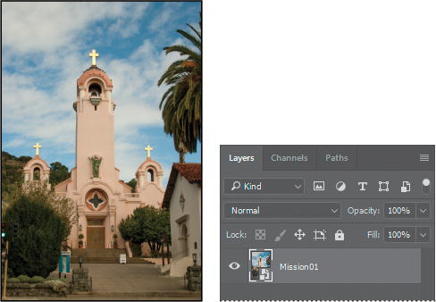 A screenshot shows a photo of a church and the "Layer panel" with layer "Mission01" selected.
