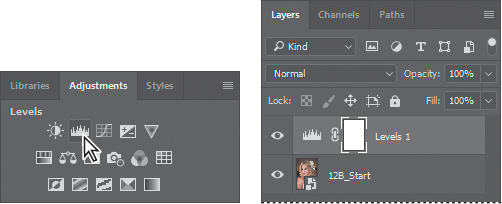 A screenshot shows various buttons in the "Adjustments panel" with "Levels" being clicked. It also shows the "Layers panel" with a layer selected.
