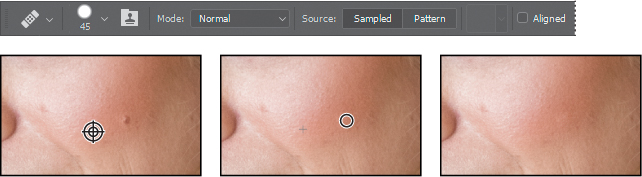 A screenshot shows the "Healing Brush" tool in the options bar selected. It also shows three zoomed photos of a face with pointer in the middle face.