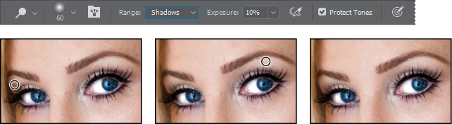 A screenshot shows the "Dodge" tool in the options bar selected. It also shows three photos of face of a woman with pointer in the middle face.