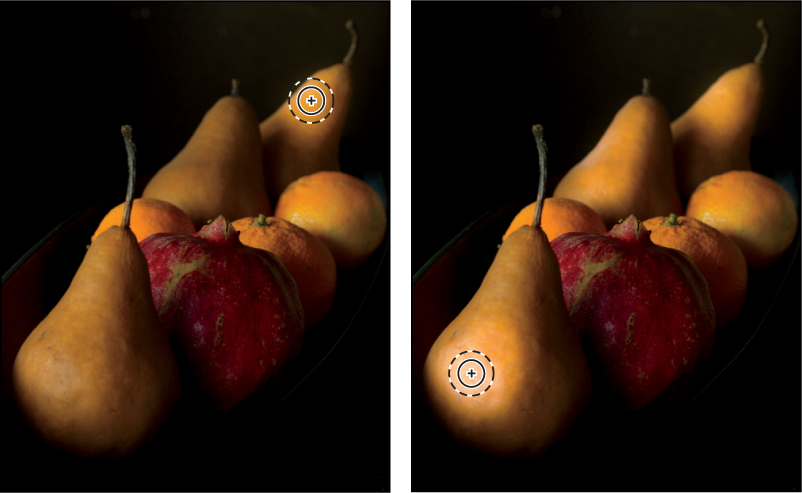 A screenshot shows two photo of fruits each with the "Adjustment Brush" placed over it.