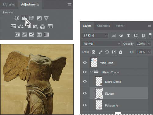 A screenshot shows a statue and the "Adjustments panel" with "Levels" being clicked. It also shows the "Layers panel" with a "Statue" layer selected.