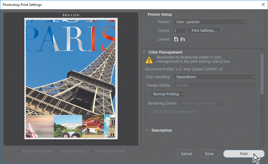 A screenshot shows the "Photoshop Print Settings" dialog box with button "Print" at the bottom being clicked.