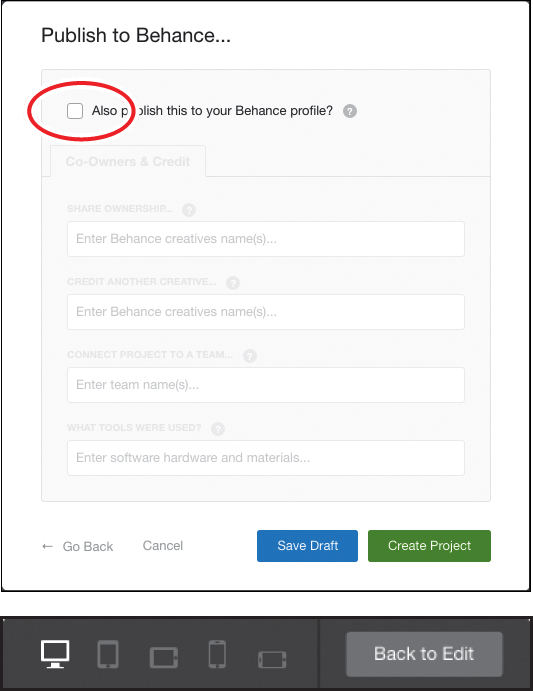 A screenshot shows the "Publish to Behance" dialog box with a checkbox before text "Also publish this to your Behance profile? deselected.